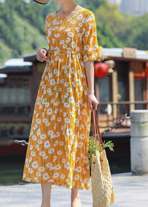 Handmade o neck drawstring cotton yellow print Maxi Dress summer - SooLinen