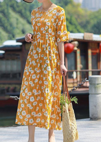 Handmade o neck drawstring cotton yellow print Maxi Dress summer - SooLinen