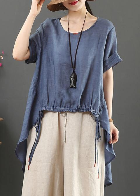 Handmade o neck drawstring linen summer Blouse Shape white shirts - SooLinen