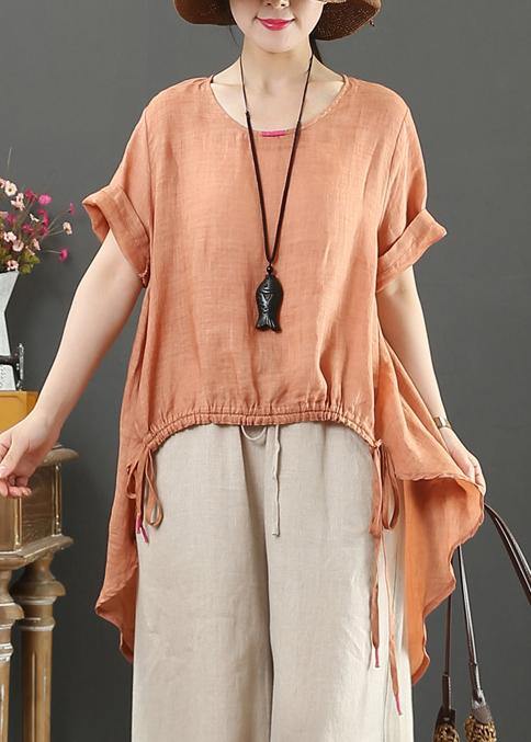 Handmade o neck drawstring linen summer Blouse Shape white shirts - SooLinen