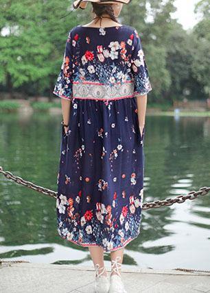 Handmade o neck half sleeve Cotton Women Fabrics white print Dresses summer - SooLinen