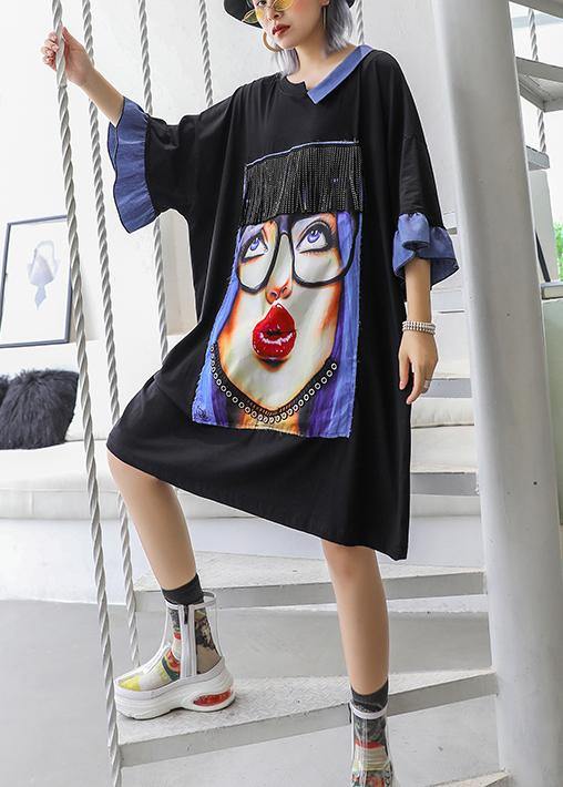 Handmade o neck half sleeve Cotton dresses Fashion black print Dress summer - SooLinen