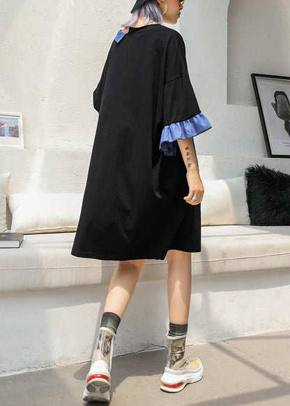 Handmade o neck half sleeve Cotton dresses Fashion black print Dress summer - SooLinen