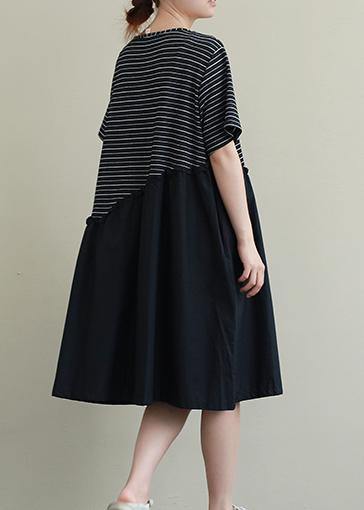 Handmade o neck patchwork Cotton Tunic Neckline black striped Dress - SooLinen