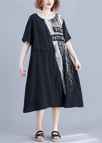 Handmade o neck pockets cotton dresses black print Maxi Dresses summer - SooLinen
