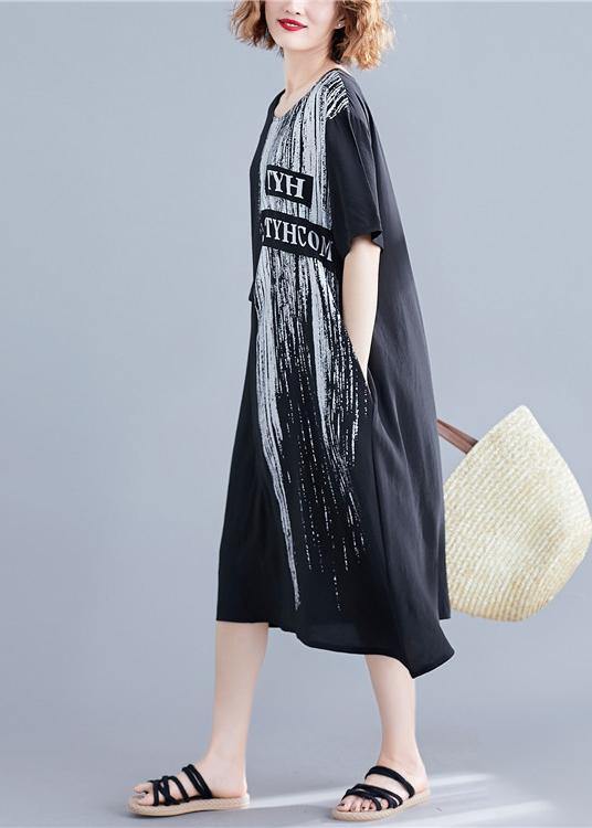 Handmade o neck pockets cotton dresses black print Maxi Dresses summer - SooLinen