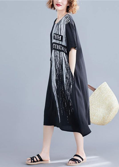 Handmade o neck pockets cotton dresses black print Maxi Dresses summer - SooLinen