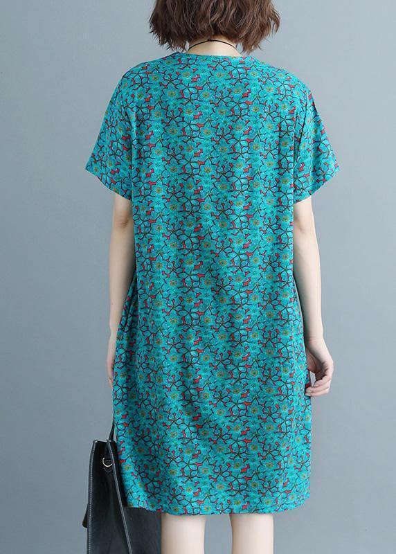 Handmade o neck pockets cotton linen outfit green print Dresses summer - SooLinen