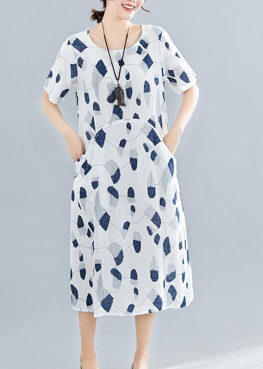 Handmade o neck pockets linen dresses Sewing navy print Dress summer - SooLinen