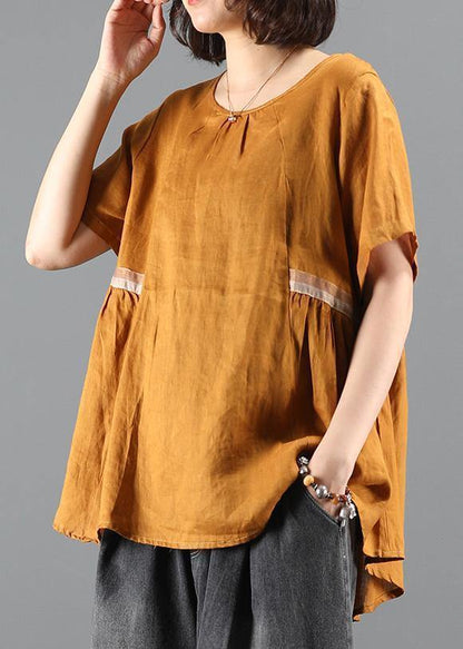 Handmade o neck Cinched Shirts yellow blouse - SooLinen