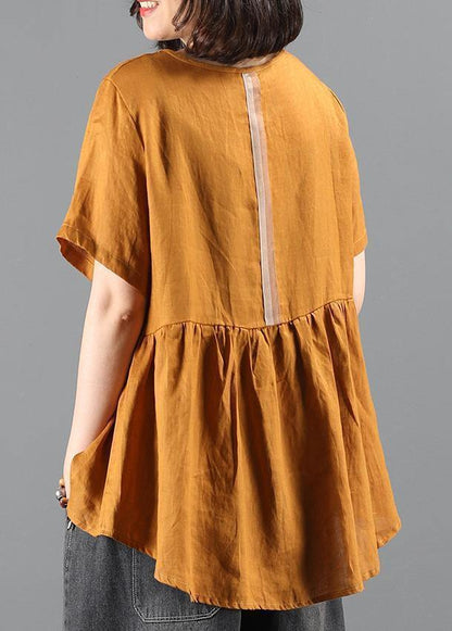 Handmade o neck Cinched Shirts yellow blouse - SooLinen
