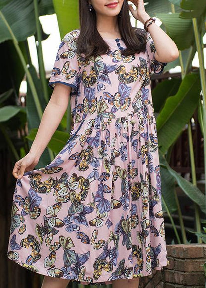 Handmade o neck Cinched cotton dresses Sleeve pink print Dress summer - SooLinen