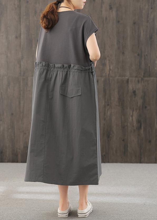 Handmade o neck Cinched quilting clothes Inspiration dark gray Maxi Dress - SooLinen