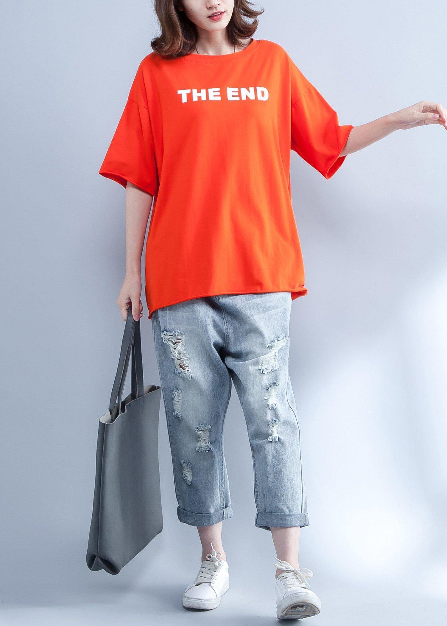 Handmade orange cotton clothes For Women prints o neck short summer shirt - SooLinen