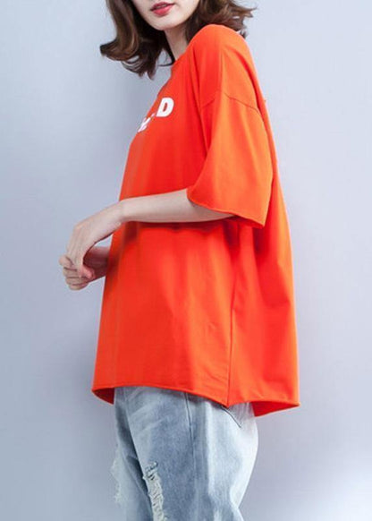 Handmade orange cotton clothes For Women prints o neck short summer shirt - SooLinen