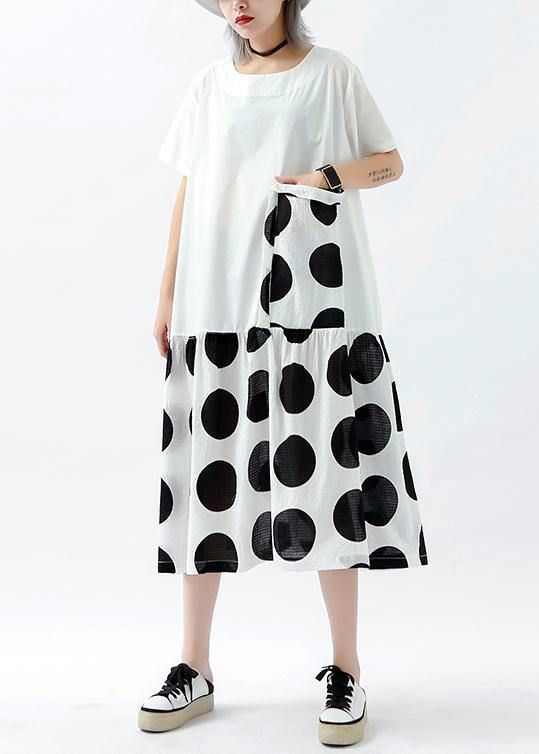Handmade patchwork pockets linen cotton dresses Photography white dotted Dress summer - SooLinen