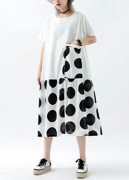 Handmade patchwork pockets linen cotton dresses Photography white dotted Dress summer - SooLinen