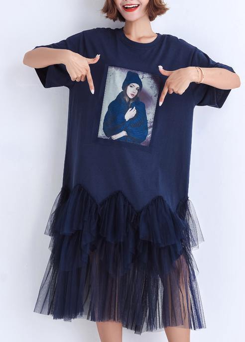 Handmade patchwork tulle Cotton clothes For Women 2021 Photography dark blue Midi Dress Summer - SooLinen