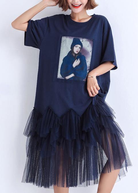 Handmade patchwork tulle Cotton clothes For Women 2021 Photography dark blue Midi Dress Summer - SooLinen