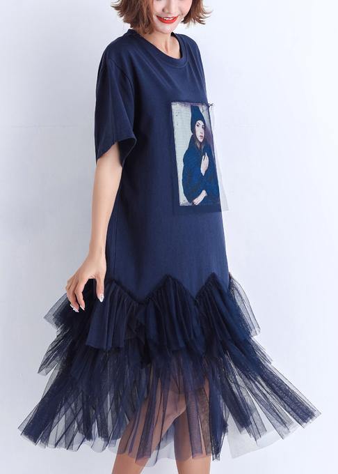 Handmade patchwork tulle Cotton clothes For Women 2021 Photography dark blue Midi Dress Summer - SooLinen
