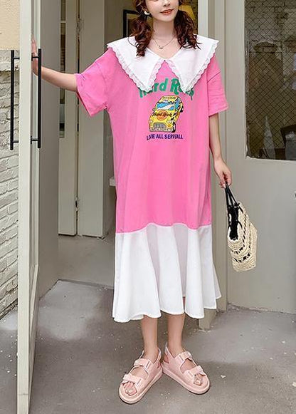 Handmade pink Cartoon print tunics for women Ruffled patchwork Dress - SooLinen