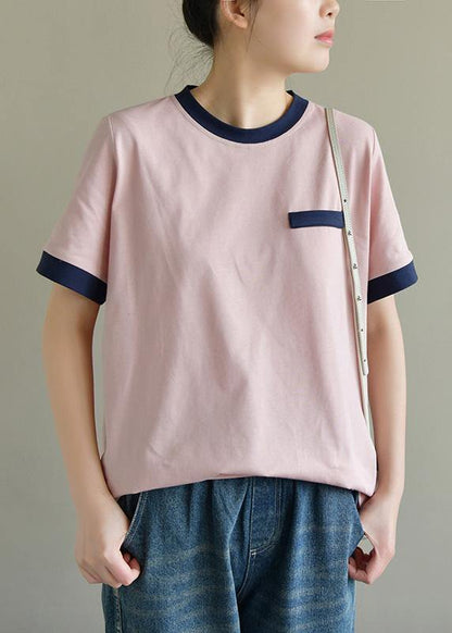 Handmade pink cotton tunic top o neck short sleeve summer tops - SooLinen