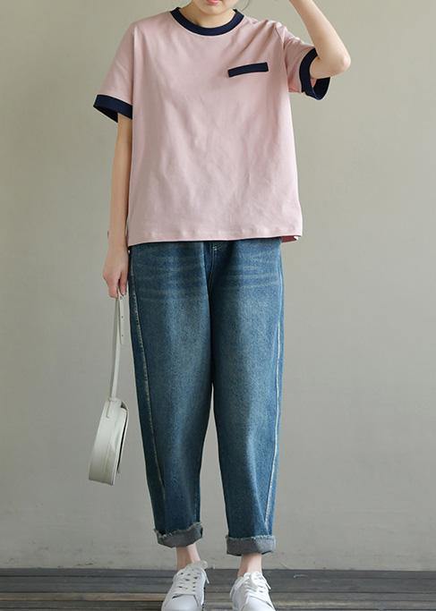 Handmade pink cotton tunic top o neck short sleeve summer tops - SooLinen