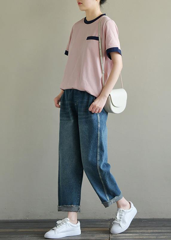 Handmade pink cotton tunic top o neck short sleeve summer tops - SooLinen