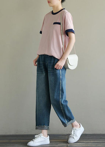 Handmade pink cotton tunic top o neck short sleeve summer tops - SooLinen