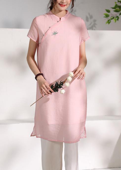 Handmade pink stand collar embroidery Dress - SooLinen