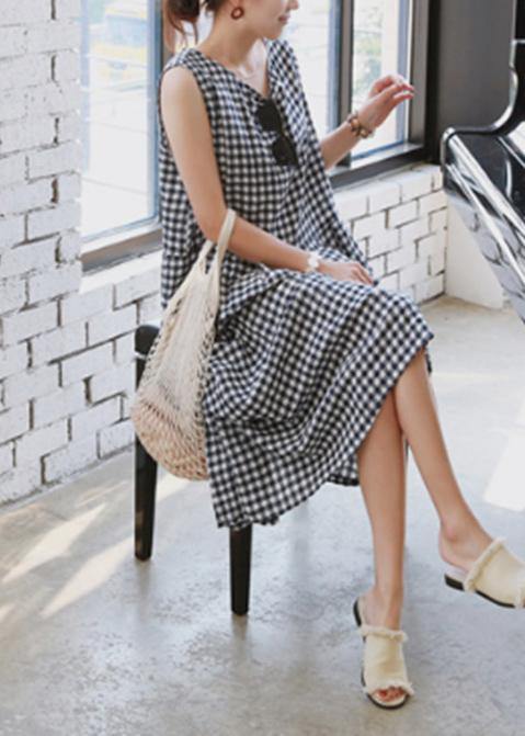 Handmade plaid linen Wardrobes Cinched o neck Plus Size Clothing summer Dress - SooLinen