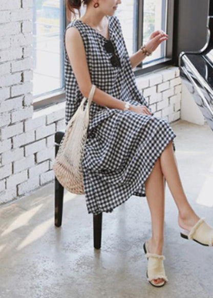 Handmade plaid linen Wardrobes Cinched o neck Plus Size Clothing summer Dress - SooLinen