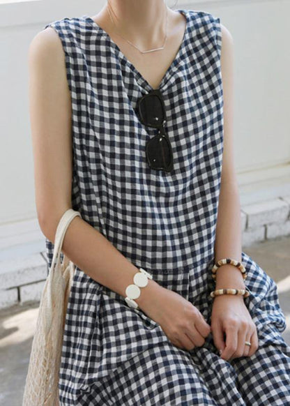 Handmade plaid linen Wardrobes Cinched o neck Plus Size Clothing summer Dress - SooLinen