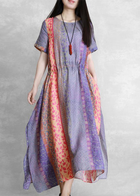 Handmade purple print dress o neck drawstring Robe Dress - SooLinen