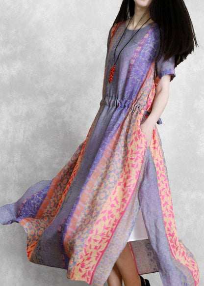 Handmade purple print dress o neck drawstring Robe Dress - SooLinen
