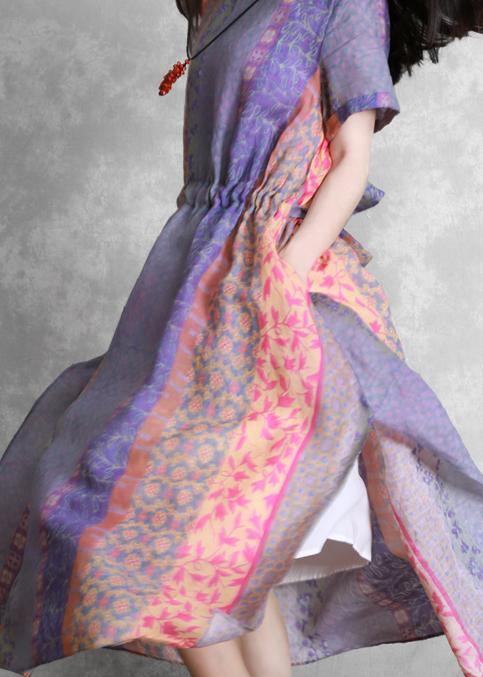 Handmade purple print dress o neck drawstring Robe Dress - SooLinen