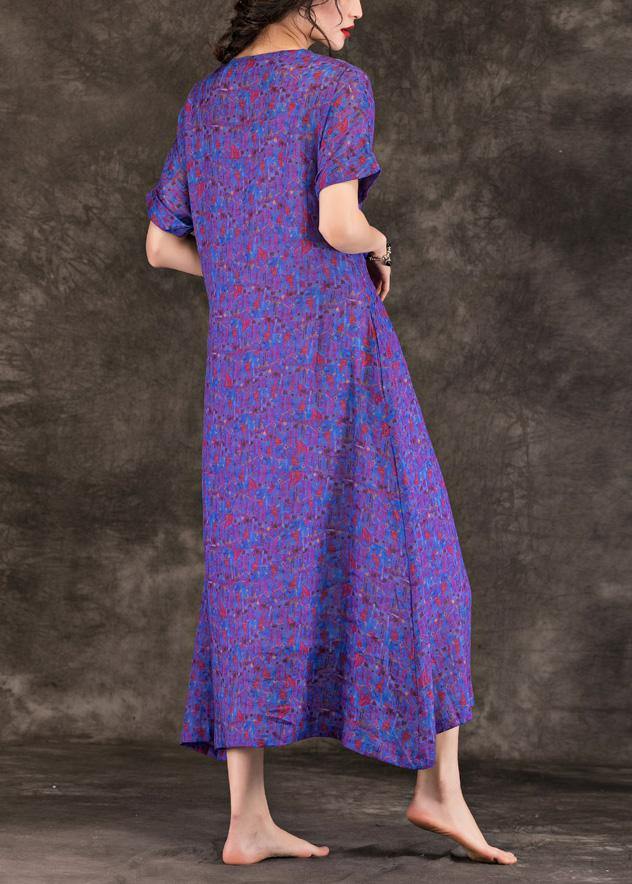 Handmade purple print linen clothes For Women v neck tie waist Maxi summer Dresses - SooLinen