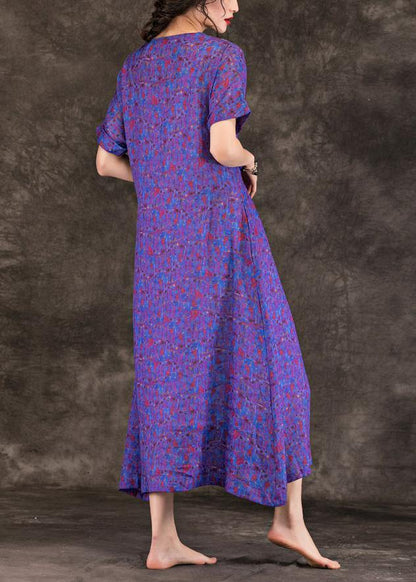 Handmade purple print linen clothes For Women v neck tie waist Maxi summer Dresses - SooLinen