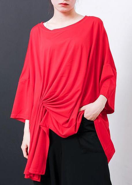 Handmade red cotton blouses for women Boho Irregular Design Pleated Solid Color T-Shirt - SooLinen