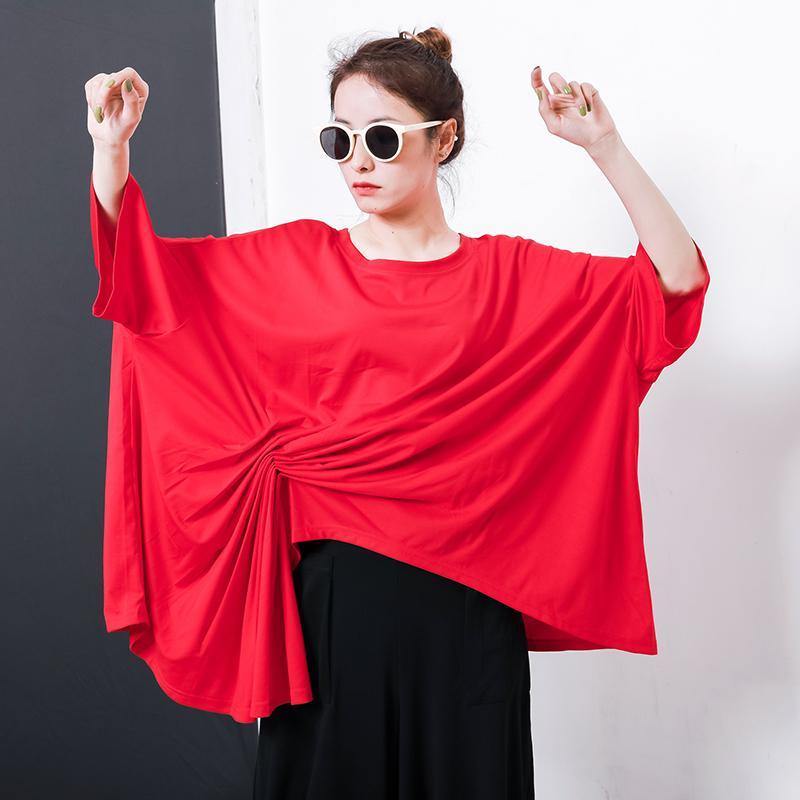 Handmade red cotton blouses for women Boho Irregular Design Pleated Solid Color T-Shirt - SooLinen