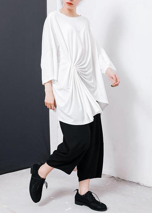 Handmade red cotton blouses for women Boho Irregular Design Pleated Solid Color T-Shirt - SooLinen