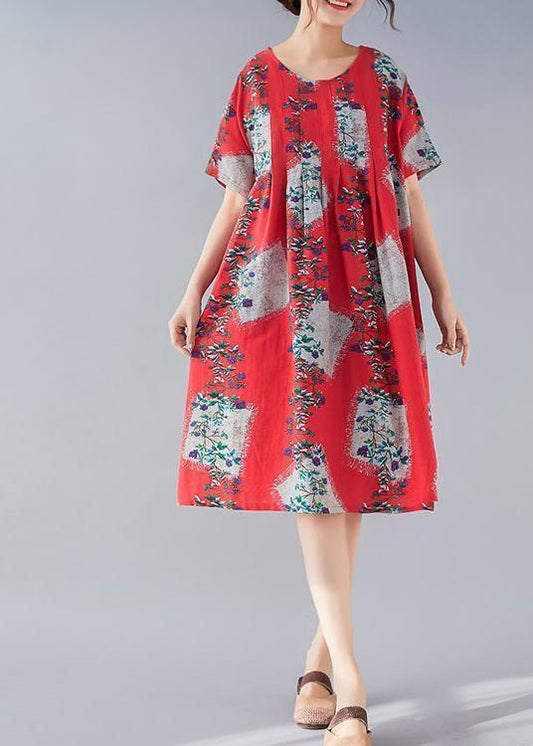 Handgemachte Leinenkleidung mit rotem Aufdruck, feine Tutorials für Damen, O-Ausschnitt, baggy Sommerkleider