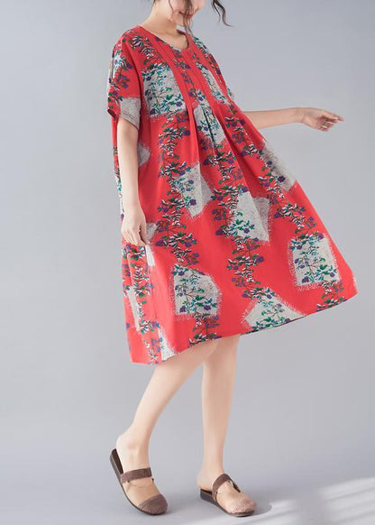 Handgemachte Leinenkleidung mit rotem Aufdruck, feine Tutorials für Damen, O-Ausschnitt, baggy Sommerkleider
