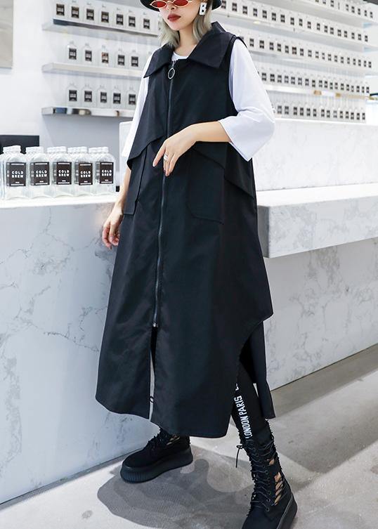 Handmade sleeveless asymmetric cotton Tunics Shape black lapel cotton Dress - SooLinen