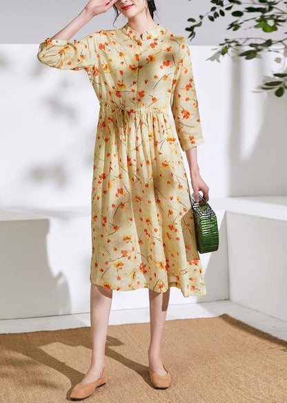 Handmade stand collar drawstring linen dress Ideas yellow print Dress - SooLinen