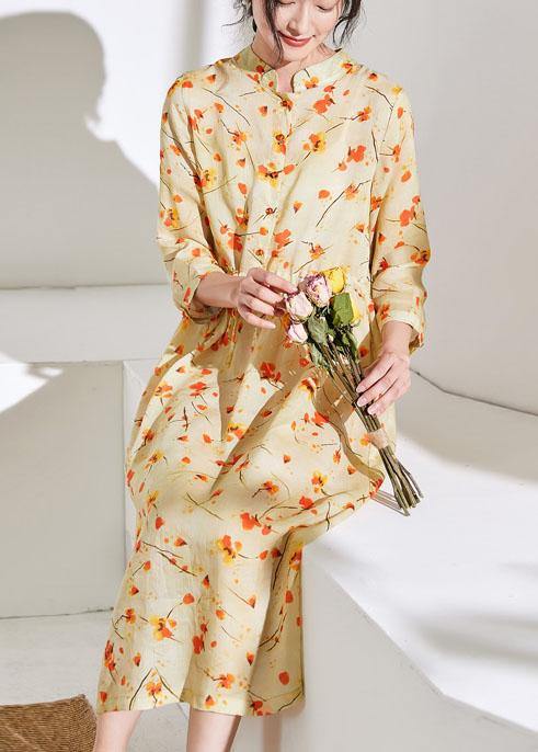 Handmade stand collar drawstring linen dress Ideas yellow print Dress - SooLinen