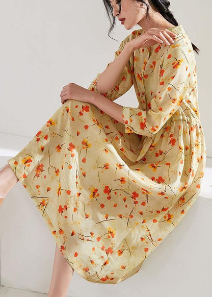 Handmade stand collar drawstring linen dress Ideas yellow print Dress - SooLinen