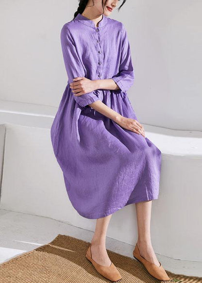 Handmade stand collar drawstring linen summer Wardrobes Runway purple Dress - SooLinen