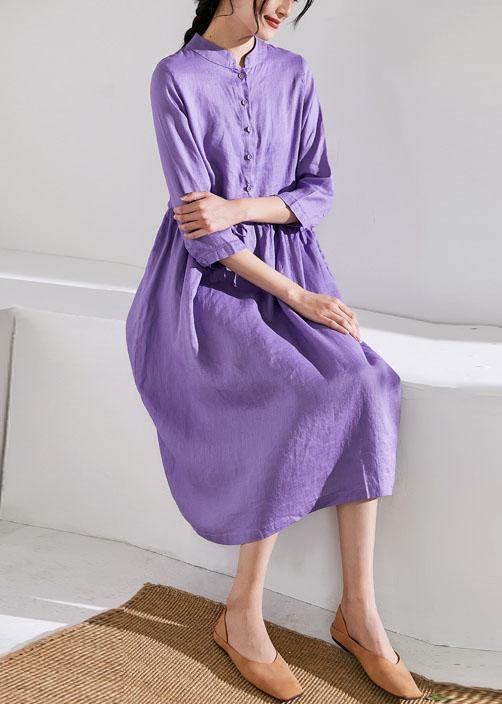 Handmade stand collar drawstring linen summer Wardrobes Runway purple Dress - SooLinen