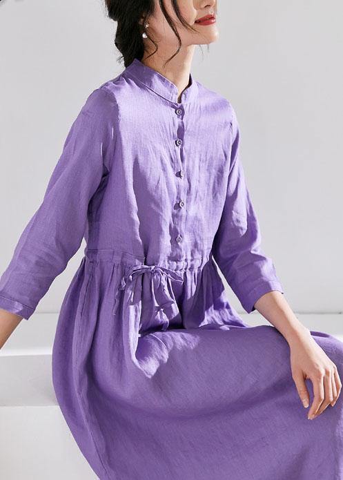 Handmade stand collar drawstring linen summer Wardrobes Runway purple Dress - SooLinen